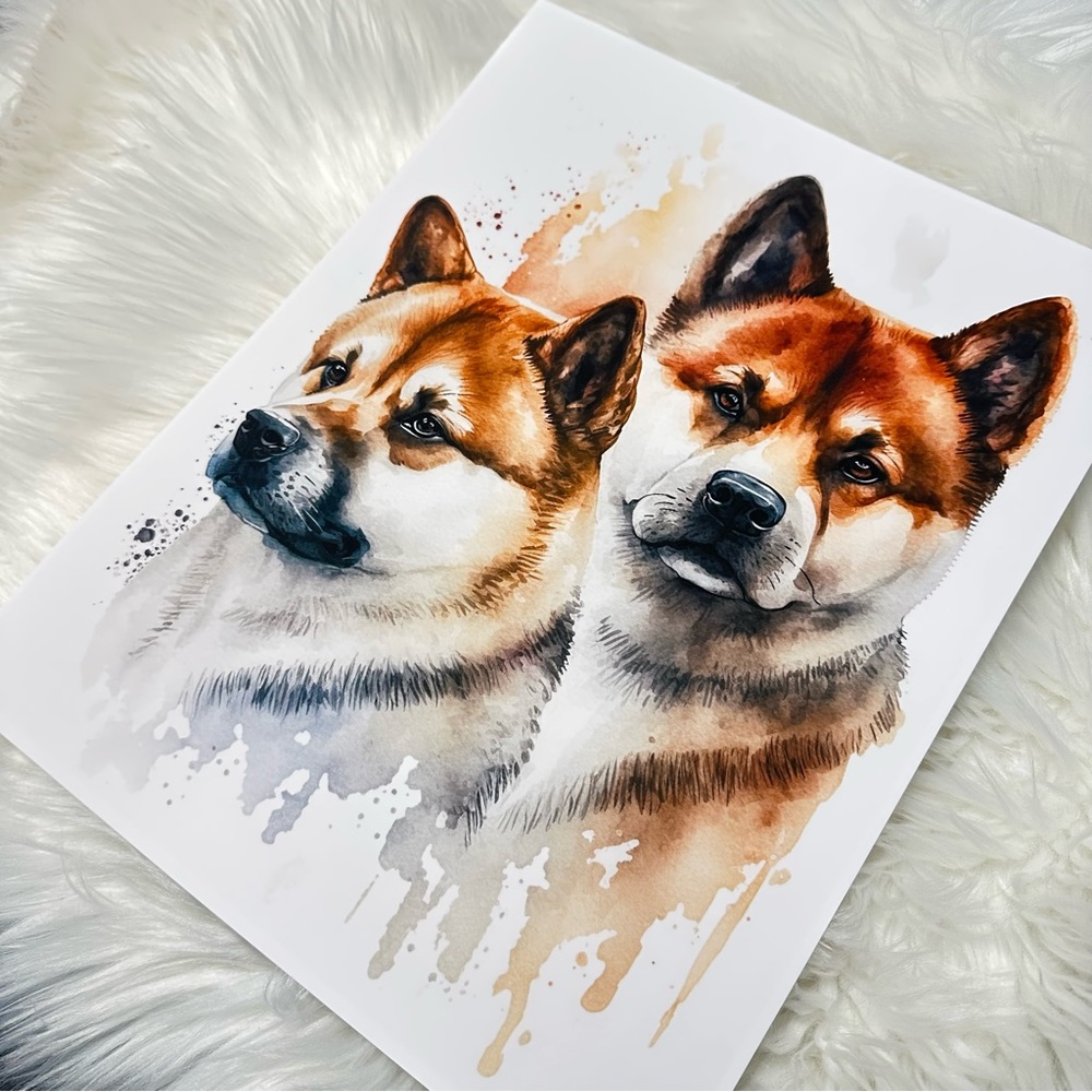 Watercolor American Akita Dogs Portrait Wall Art Illustration Print Unframed - Picture 3 of 10